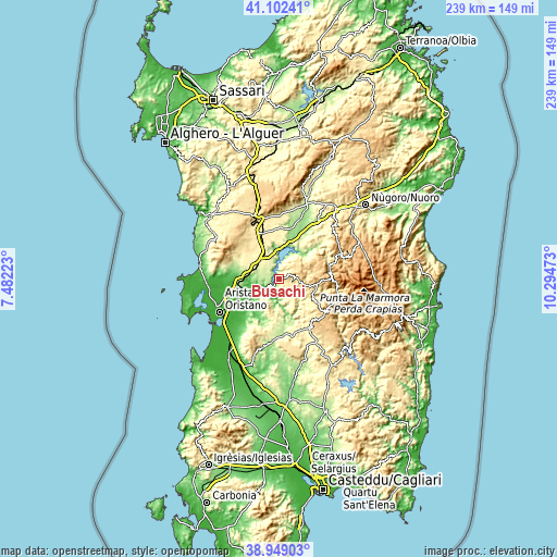 Topographic map of Busachi