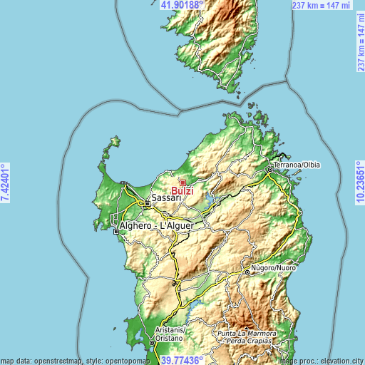 Topographic map of Bulzi