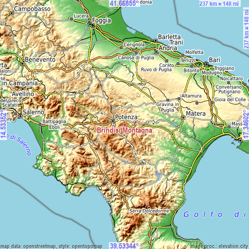 Topographic map of Brindisi Montagna