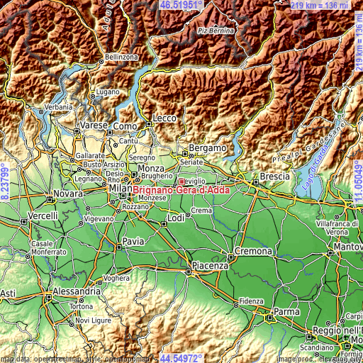 Topographic map of Brignano Gera d'Adda