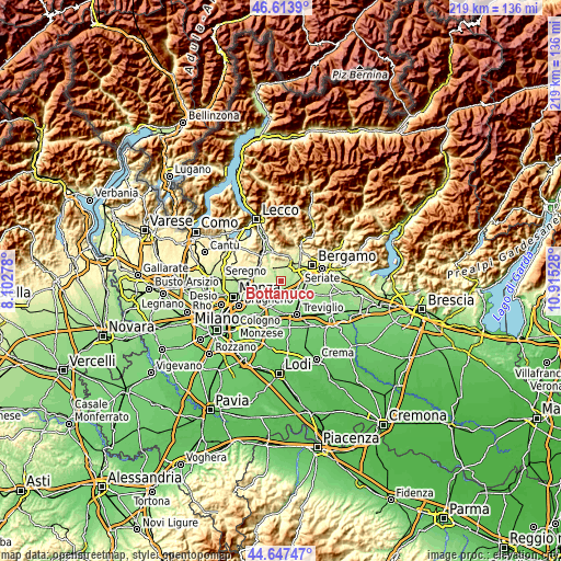 Topographic map of Bottanuco