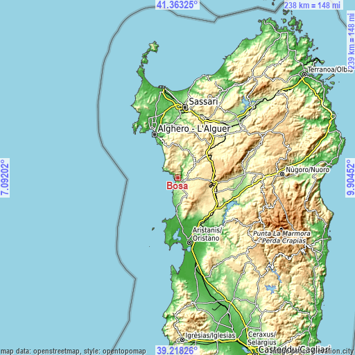 Topographic map of Bosa