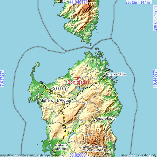 Topographic map of Bortigiadas