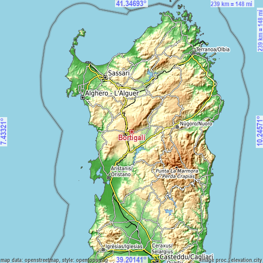 Topographic map of Bortigali