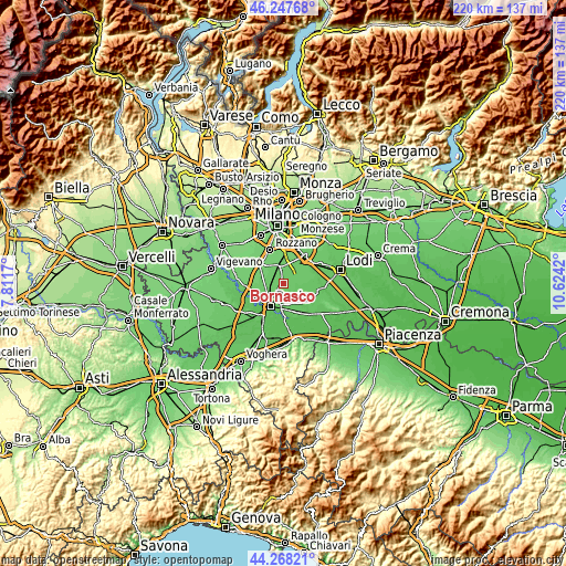 Topographic map of Bornasco