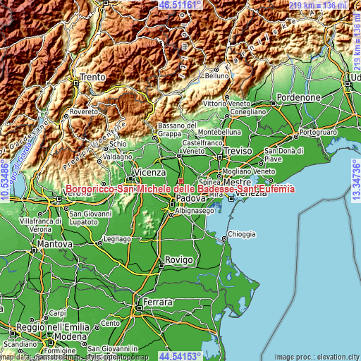 Topographic map of Borgoricco-San Michele delle Badesse-Sant'Eufemia