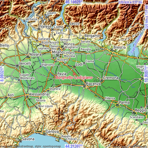 Topographic map of Borghetto Lodigiano