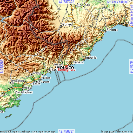 Topographic map of Bordighera