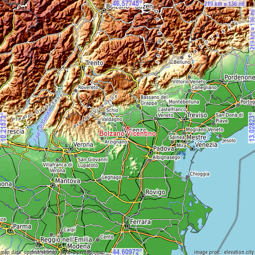 Topographic map of Bolzano Vicentino