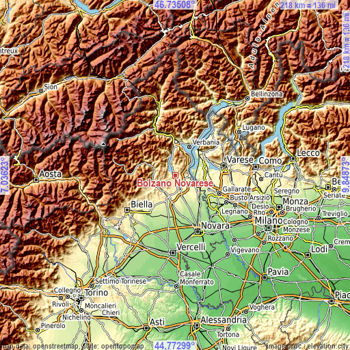 Topographic map of Bolzano Novarese