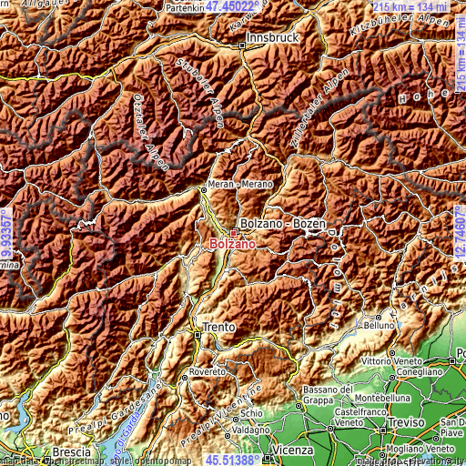 Topographic map of Bolzano