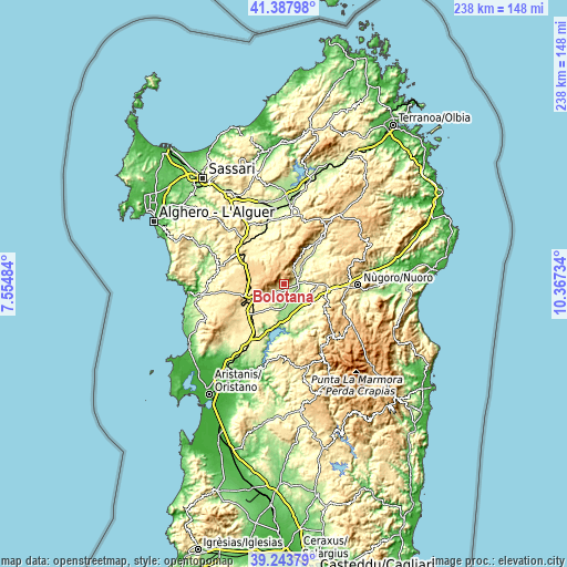 Topographic map of Bolotana