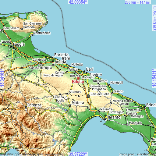 Topographic map of Bitetto