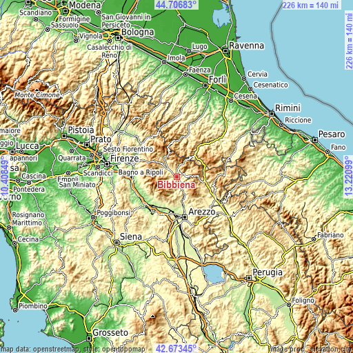 Topographic map of Bibbiena