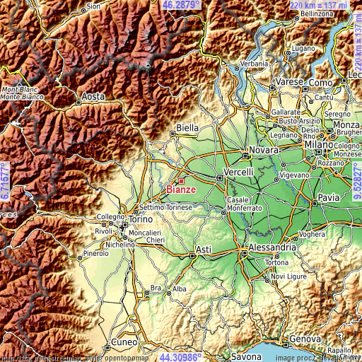 Topographic map of Bianzè