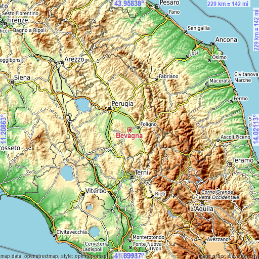 Topographic map of Bevagna
