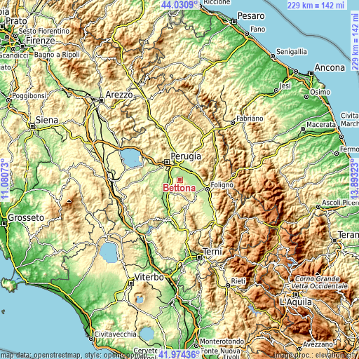 Topographic map of Bettona