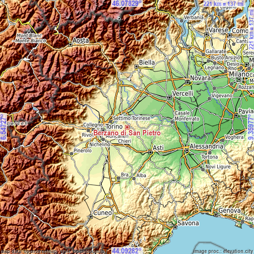 Topographic map of Berzano di San Pietro