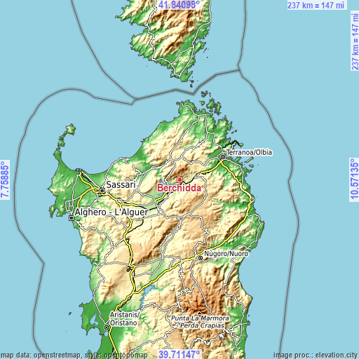 Topographic map of Berchidda