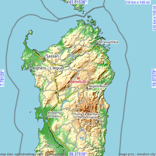 Topographic map of Benetutti