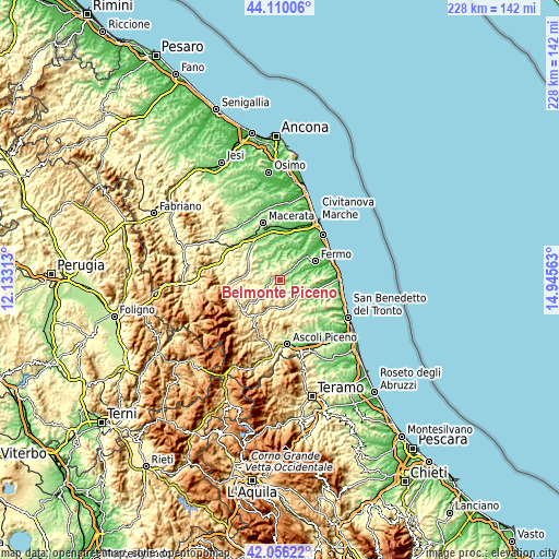 Topographic map of Belmonte Piceno