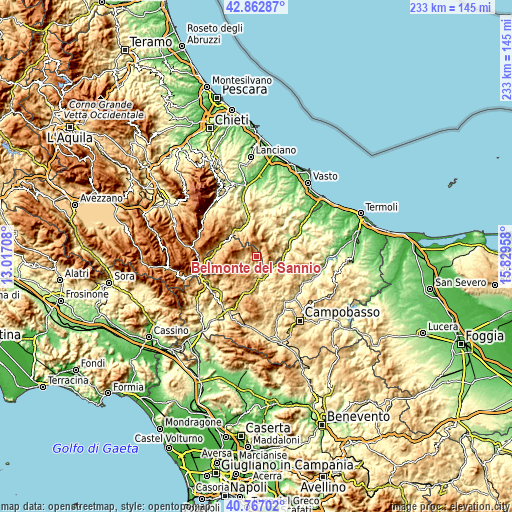 Topographic map of Belmonte del Sannio