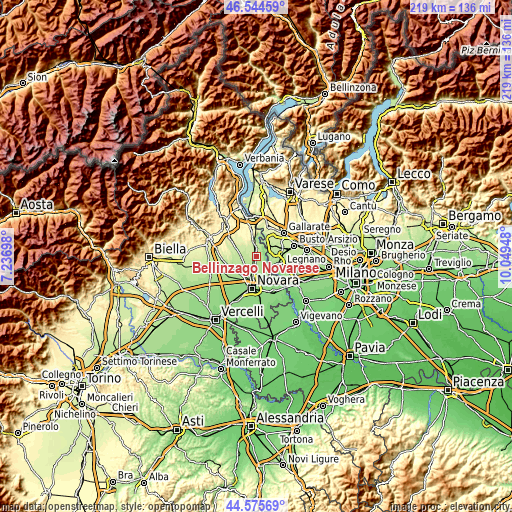Topographic map of Bellinzago Novarese
