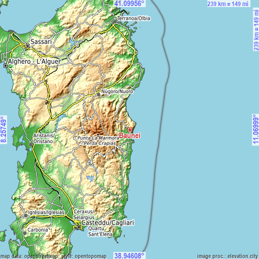 Topographic map of Baunei