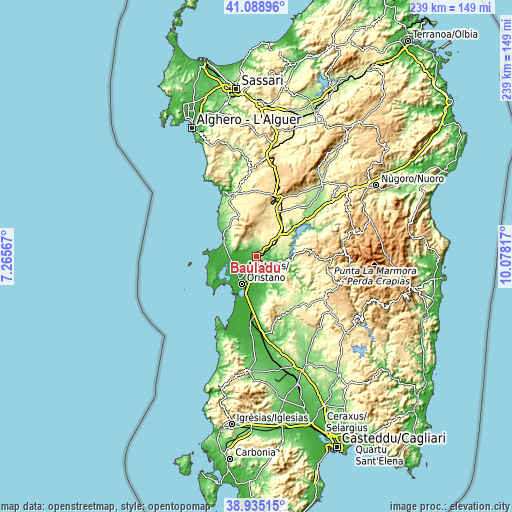 Topographic map of Bauladu