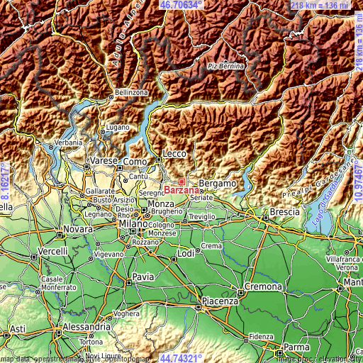 Topographic map of Barzana