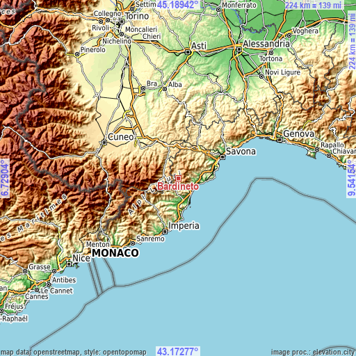 Topographic map of Bardineto