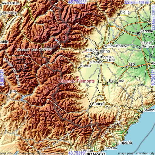 Topographic map of Bagnolo Piemonte