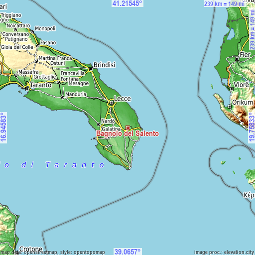 Topographic map of Bagnolo del Salento