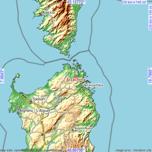 Topographic map of Arzachena