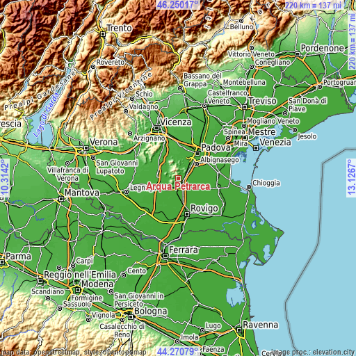 Topographic map of Arquà Petrarca