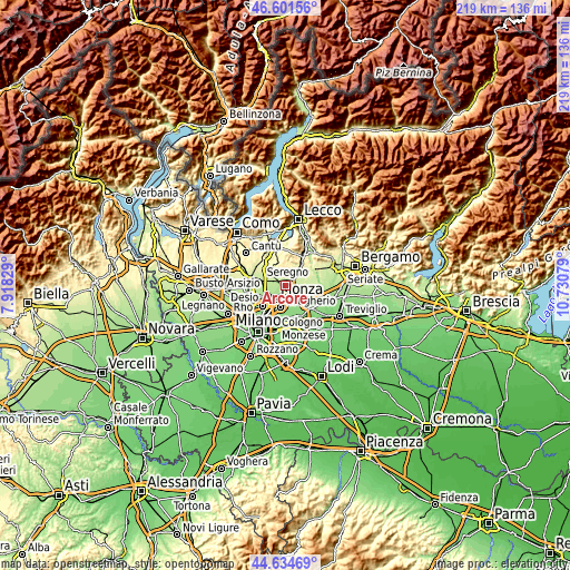 Topographic map of Arcore