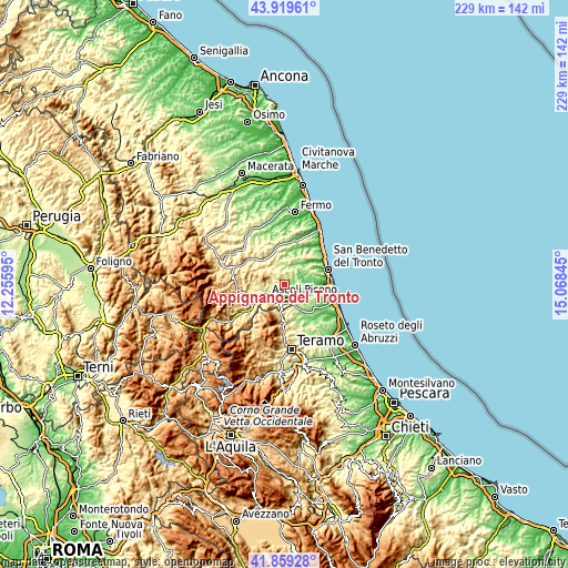 Topographic map of Appignano del Tronto