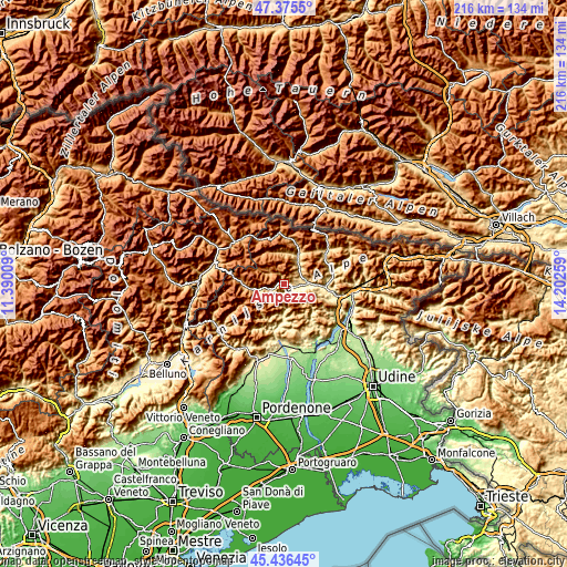 Topographic map of Ampezzo