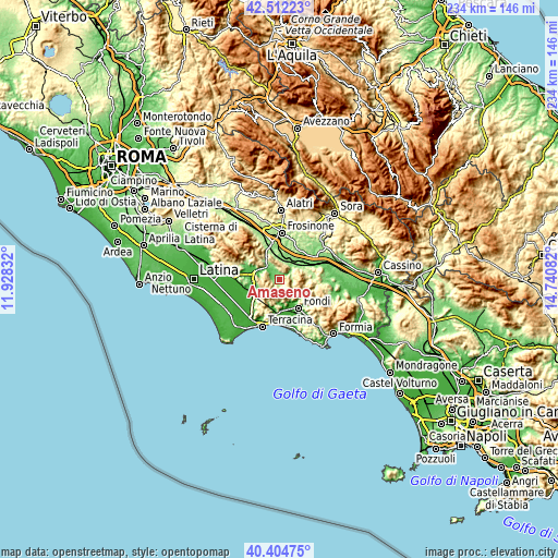 Topographic map of Amaseno