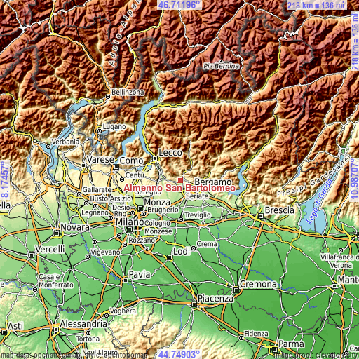 Topographic map of Almenno San Bartolomeo