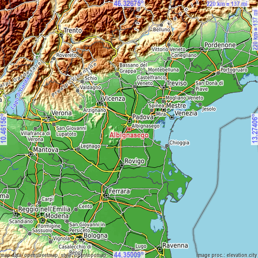 Topographic map of Albignasego