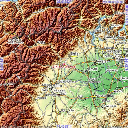 Topographic map of Albiano d'Ivrea