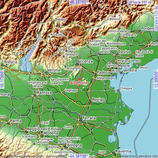 Topographic map of Albettone