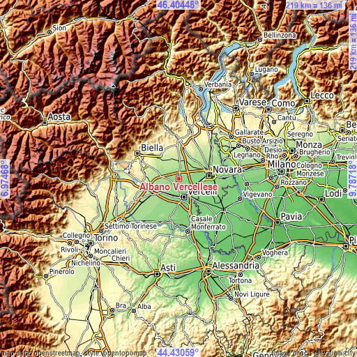 Topographic map of Albano Vercellese