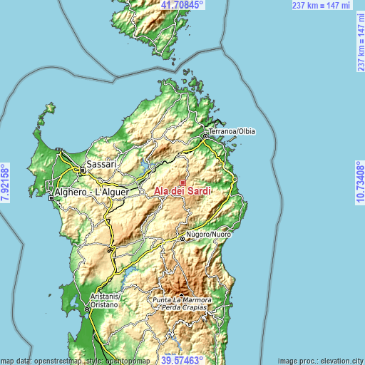 Topographic map of Alà dei Sardi