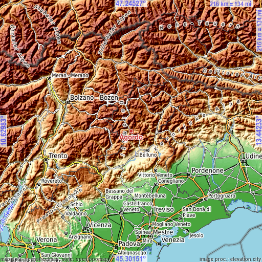 Topographic map of Agordo