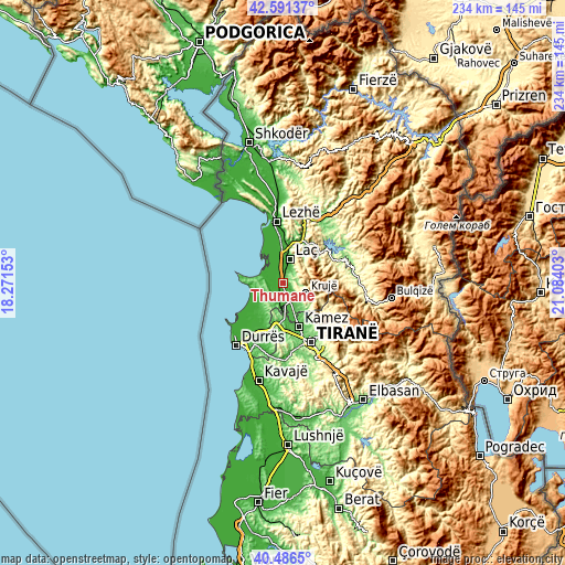 Topographic map of Thumanë