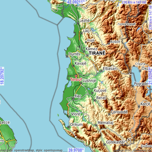 Topographic map of Tërbuf