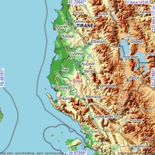 Topographic map of Sinjë