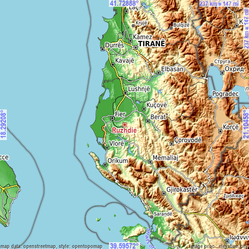 Topographic map of Ruzhdie